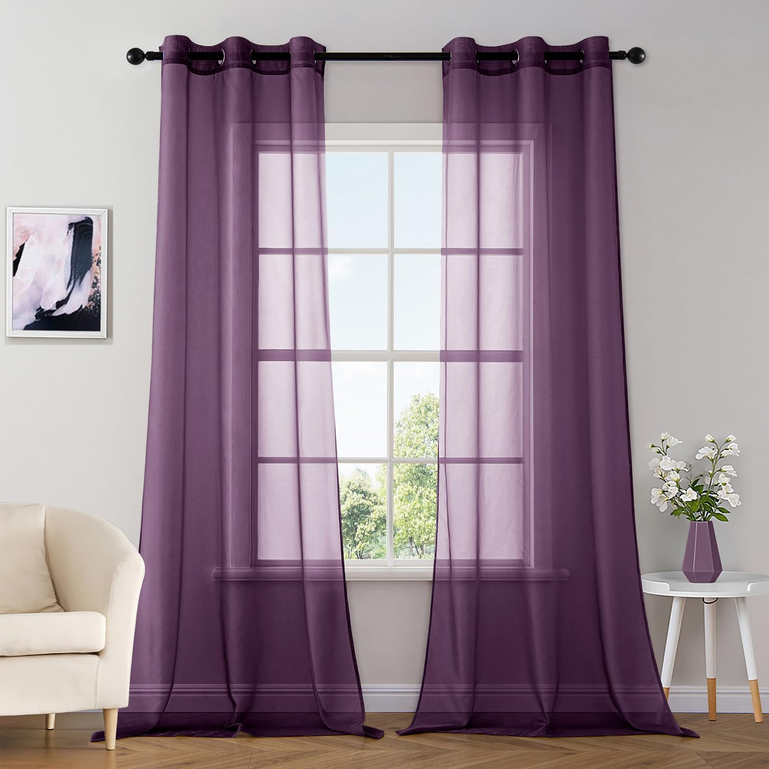 Solid Color Sheer Curtains 96 Inches Long 2 Panels Set – Elegant Lightweight Gro