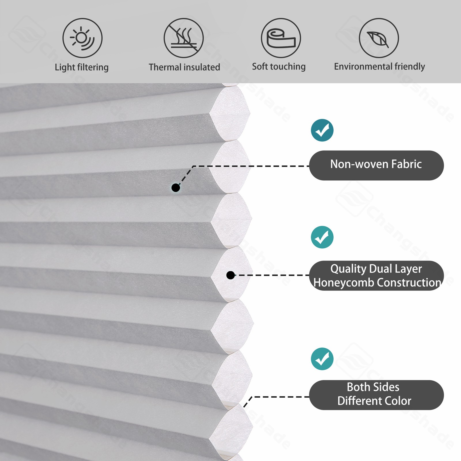 Changshade Honeycomb Light Filtering Cordless Top-Down Bottom Up Cellular Blinds