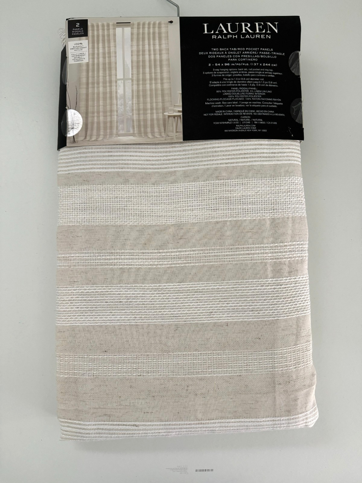 Ralph Lauren Window Curtains 2 Panels 100% Blackout 54 x 96 Linen Carson Natural
