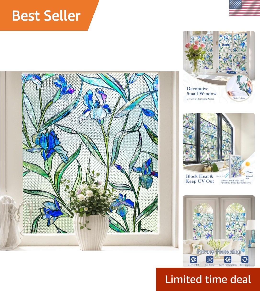 Elegant Floral Stained Glass Window Film – Reusable & Easy Static Cling Design