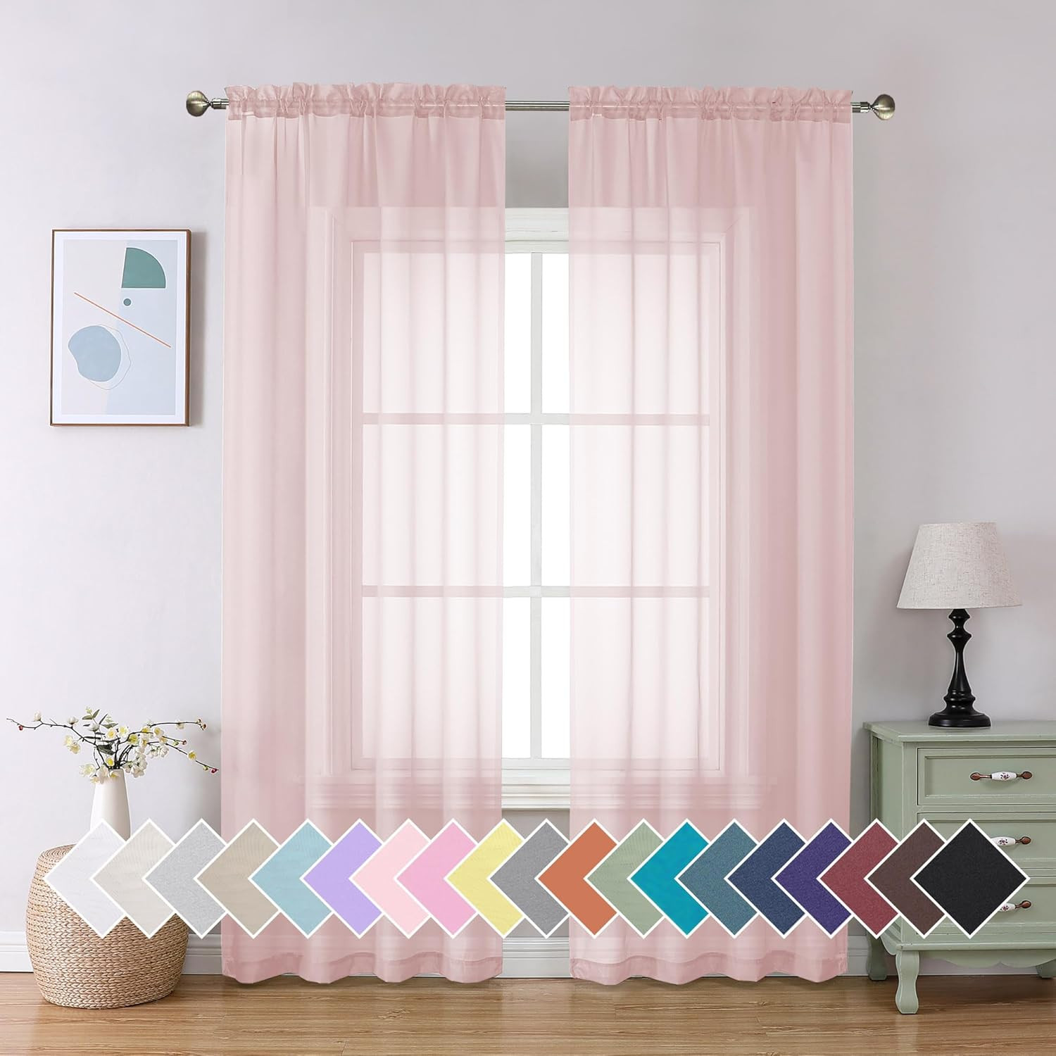Blush Pink Sheer Curtains 84 Inches Long 2 Panels Set, Light Filtering Soft Airy