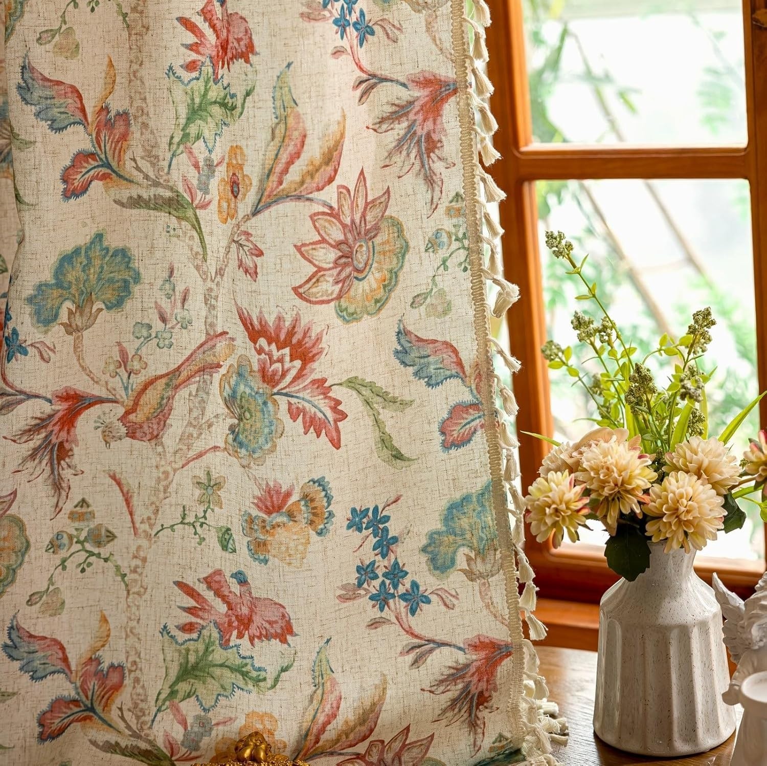 Boho Jacobean Curtains 84″ Linen Floral Tassel 2 Panels Living Room Blue Red