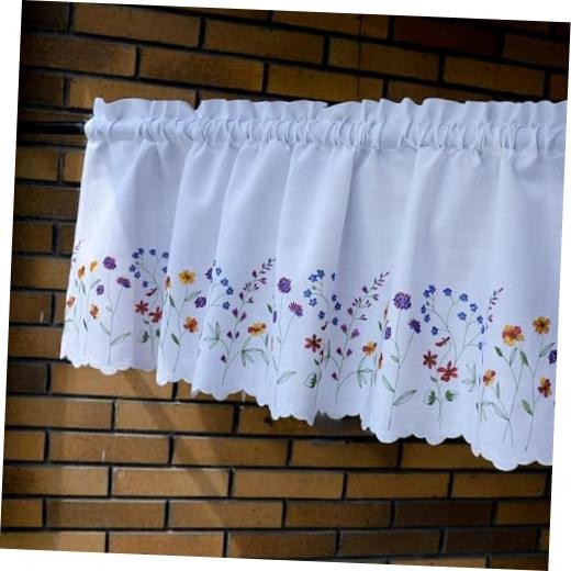 PKT Floral Embroidery Curtain Valance, White Elegant 50″W x 16″L (Pack of 1)