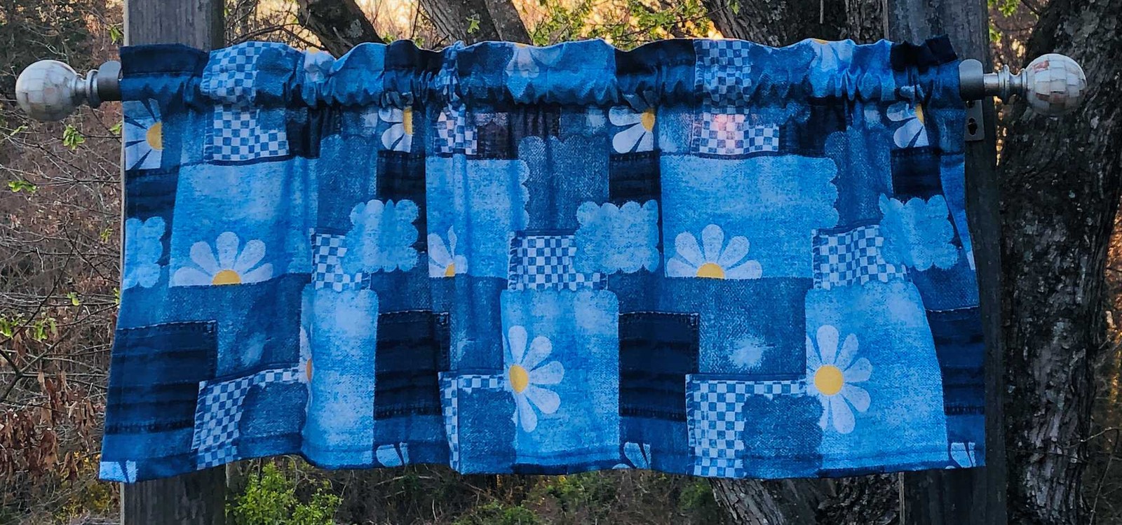 Blue Patchwork Valance Daisy Wildflower Boho Kitchen Farmhouse Curtain t10/3