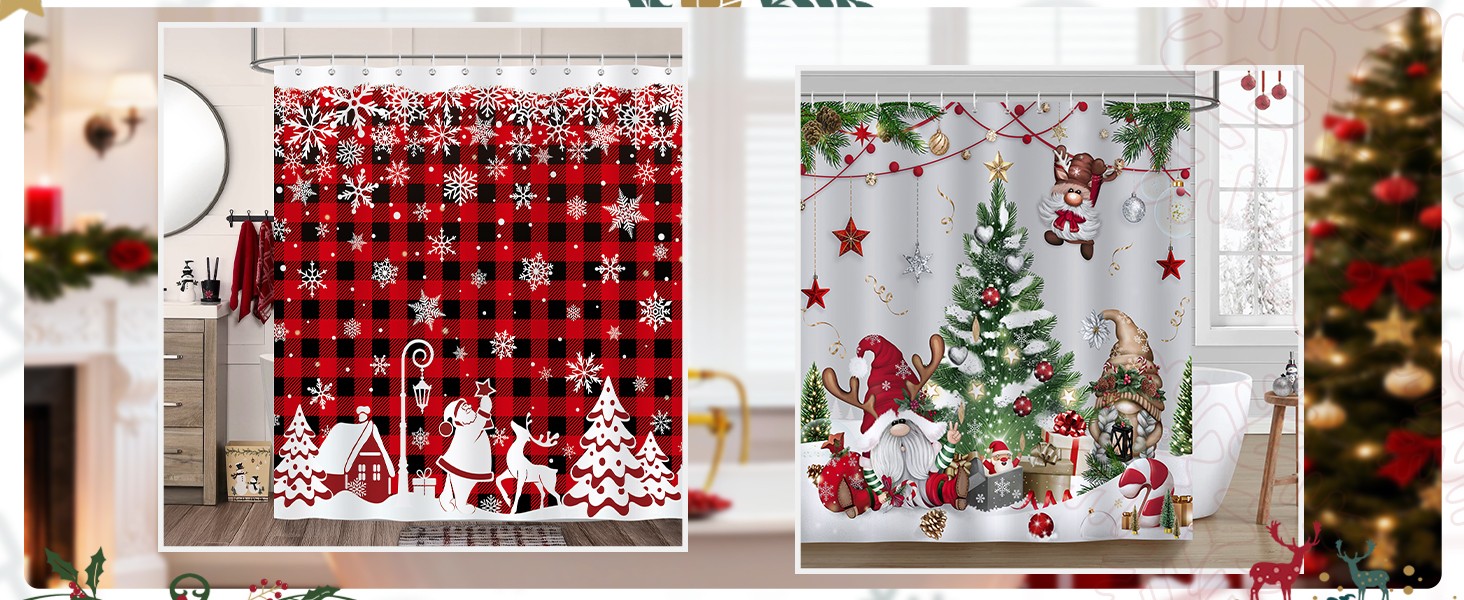 Christmas Shower Curtain, Winter Snowflakes Xmas Village Santa Red Black Plaid