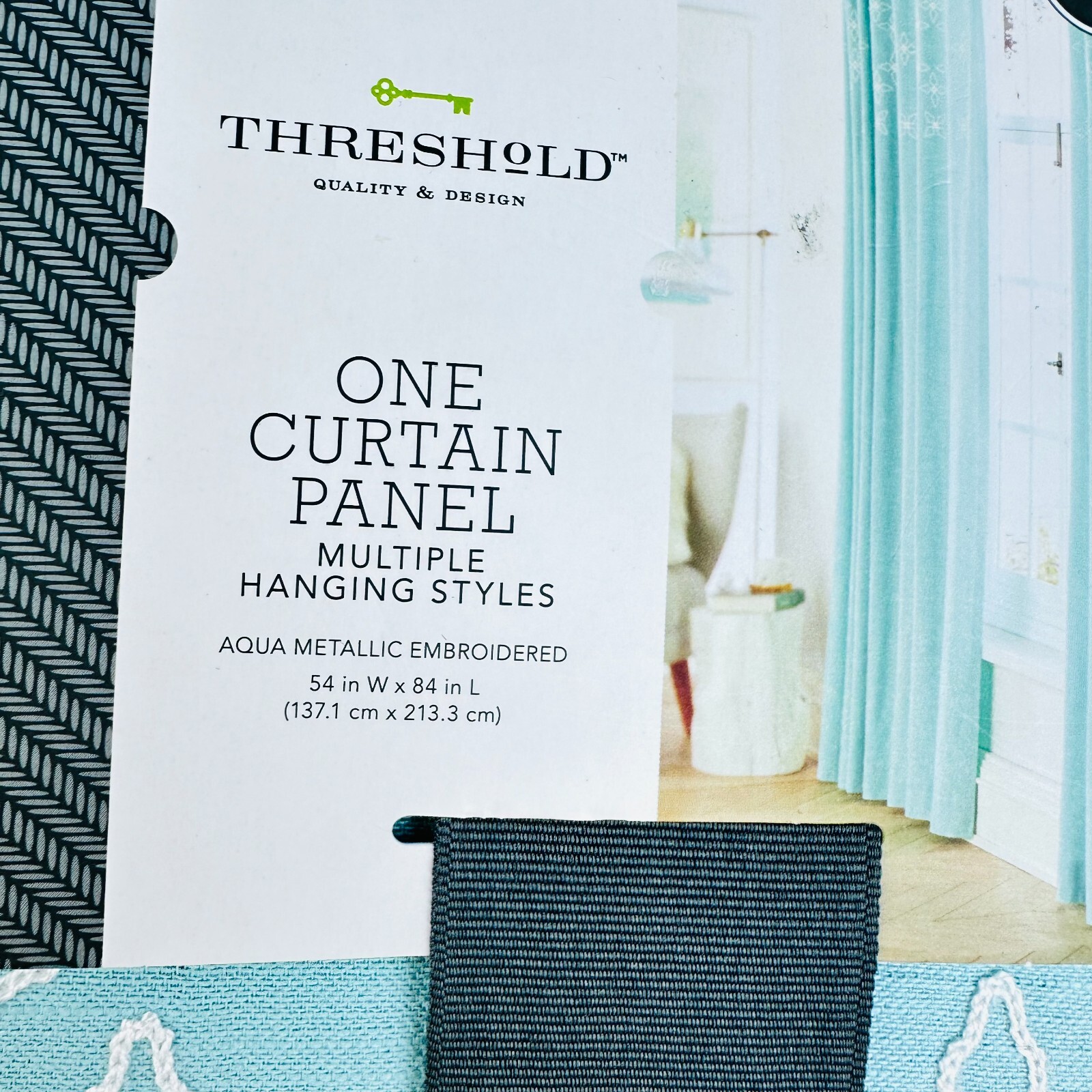 2 threshold one curtain panel aqua Metallic embroidered 54″W x 84″L