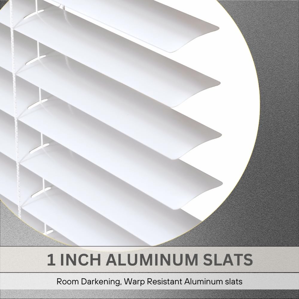 Cordless 1″ Aluminum Mini Blind 46″ Wide x 60″ Long, White, Room Darkening Me…