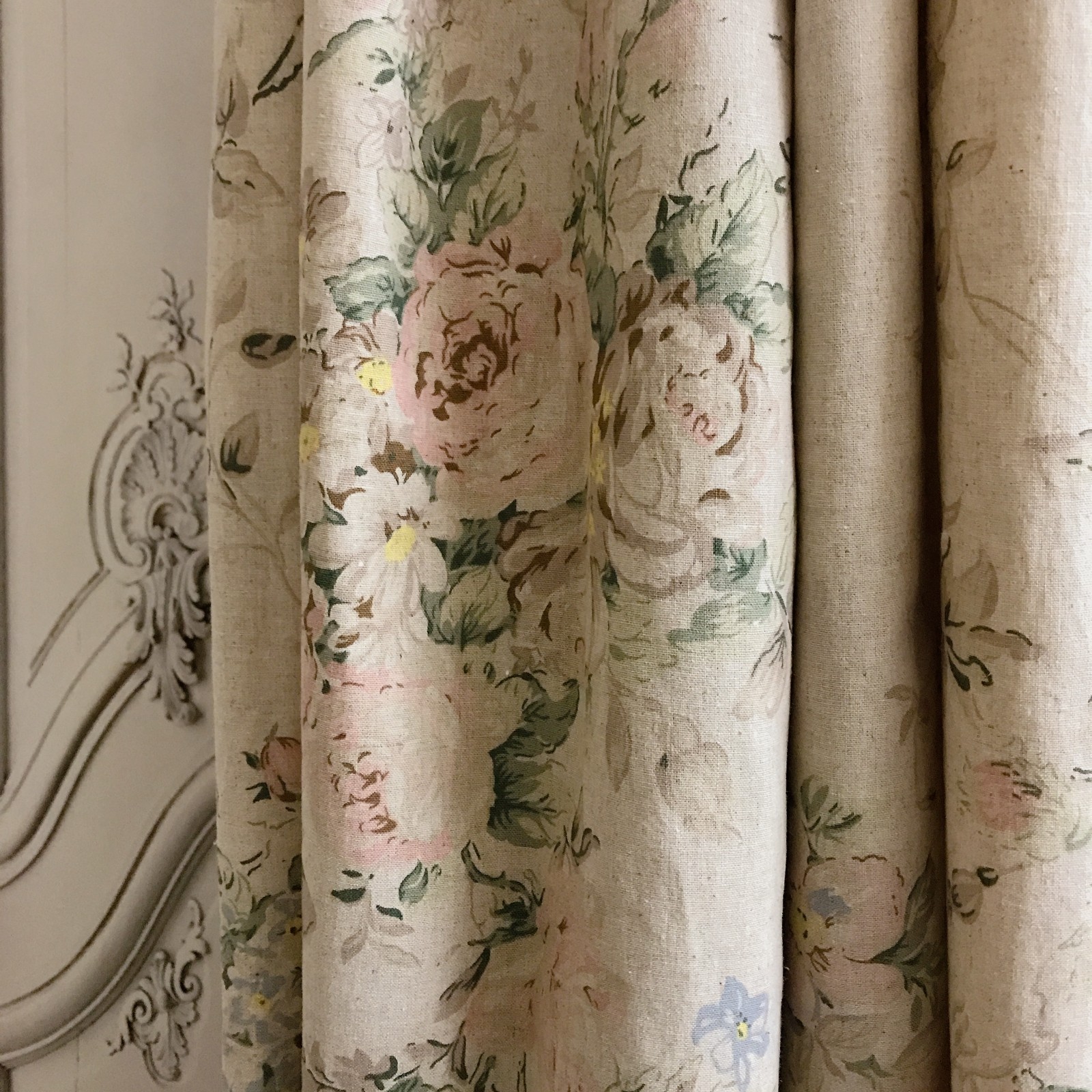 Handcrafted Floral Curtains Linen Blend Soft Pink on Natural Beige Custom Panels