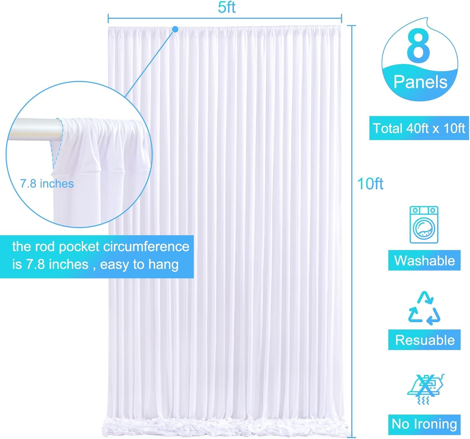 8 Panels White Backdrop Curtain for Parties Wedding Wrinkle White Photo Curtains