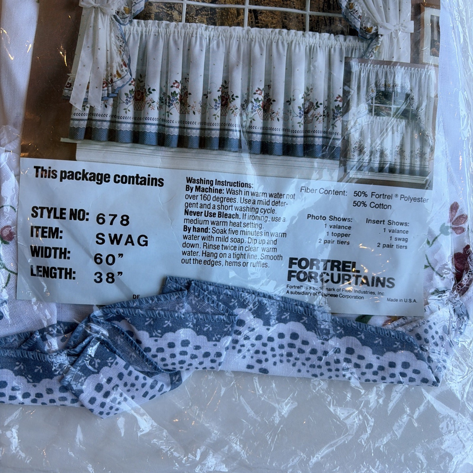 Vintage Floral Ruffled Swag Curtain Set 38″L x 60″W 2 Pieces Bue Cottagecore NWT