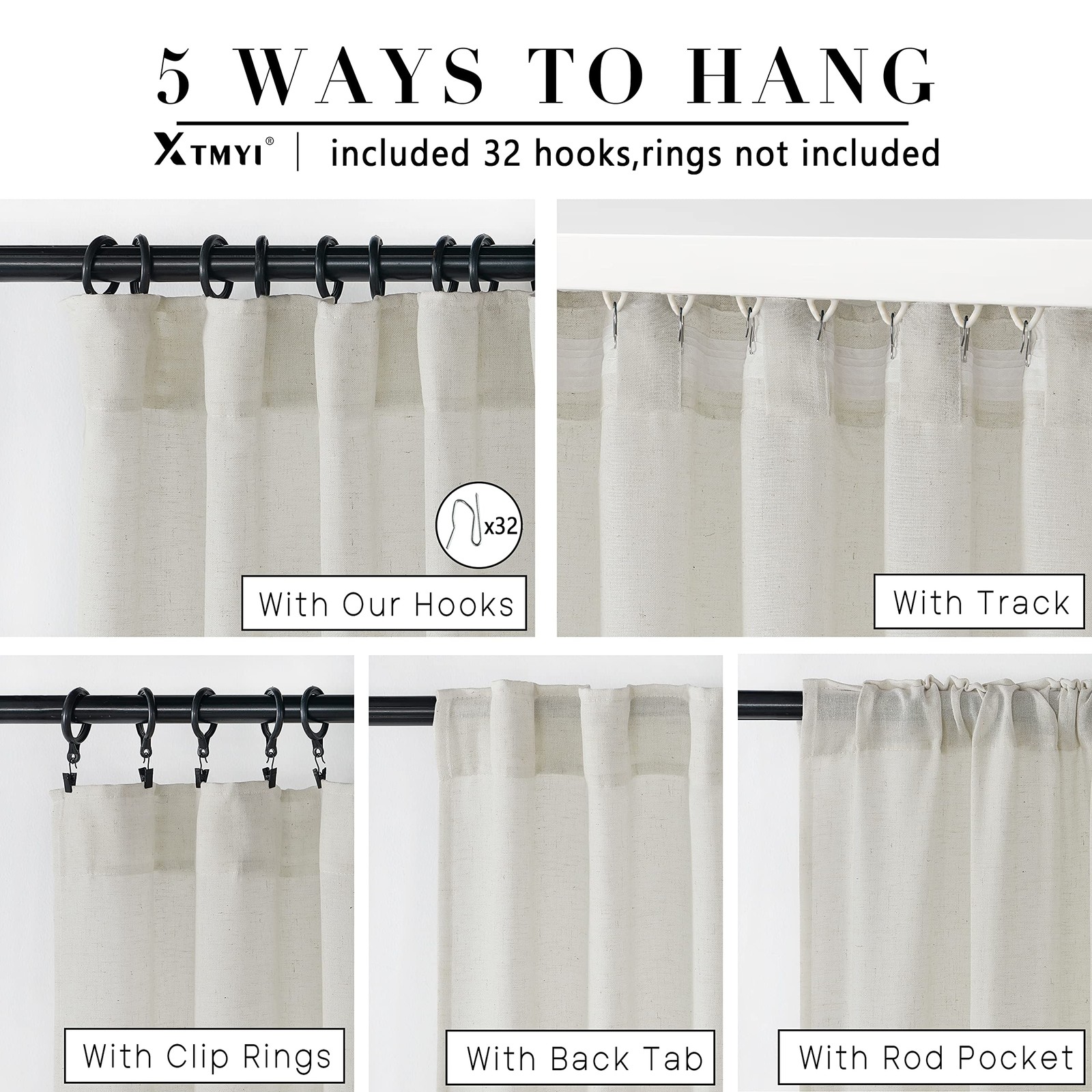 Linen Curtains 96 Inch Long 2 Panel Set, Cream Sheer Pleated Curtain for Livi…
