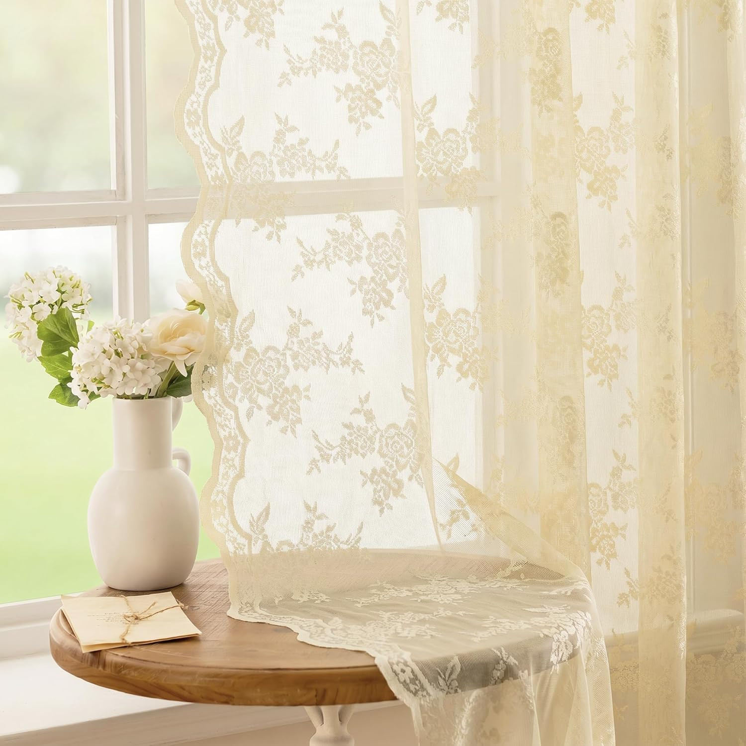 Light Yellow Lace Curtains 63 Inch Length, Yellow Cream Lace Curtain Vintage Vic
