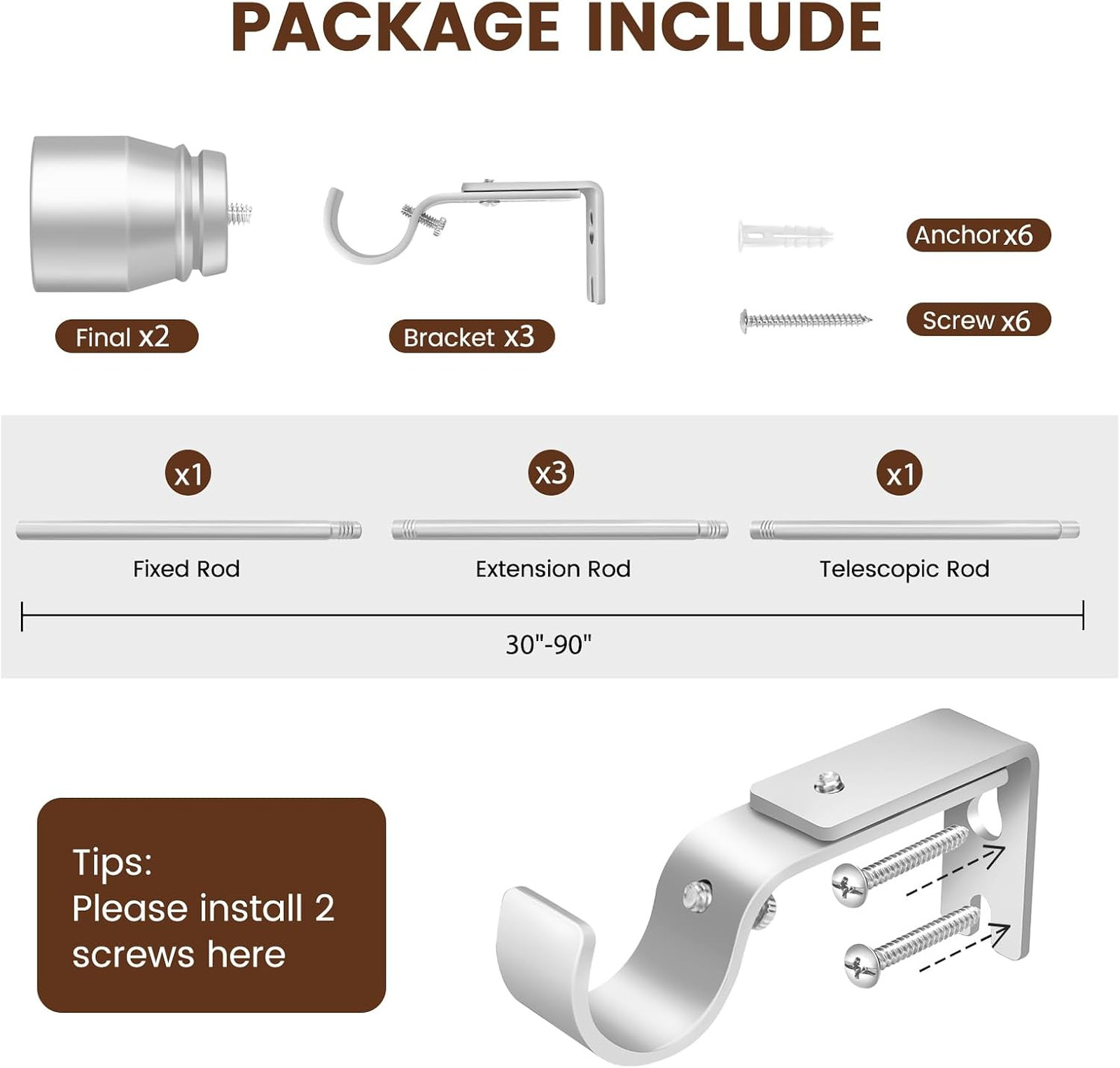 1 Inch Diameter Silver Curtain Rods Extendable 30 to 90 Inches Adjustable Heavy