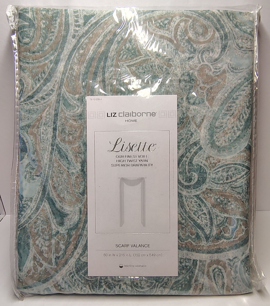 NIP Liz Claiborne Lisette Sheer Scarf Valance Paisley AQUA DUST 60″ x 216″ B45