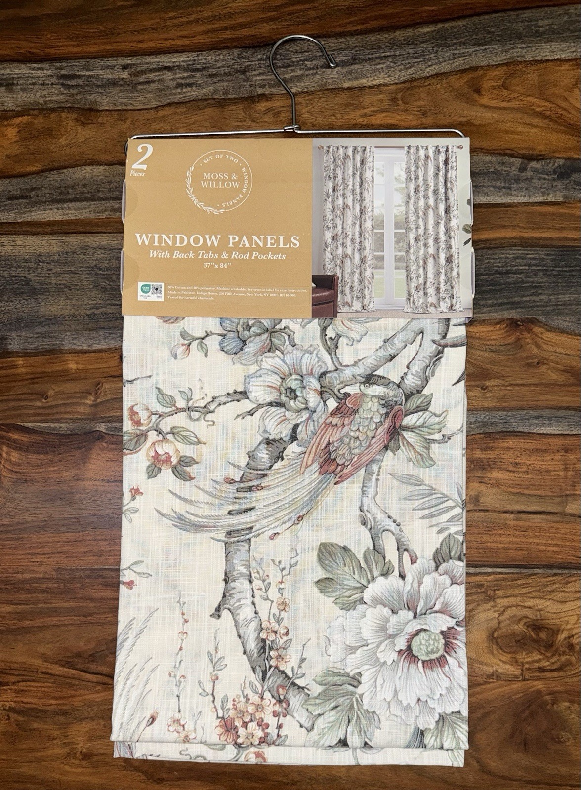 NWT MOSS & WILLOW 37” X 84″ BIRD FLORAL DESIGN CURTAINS PANEL SET OF 2