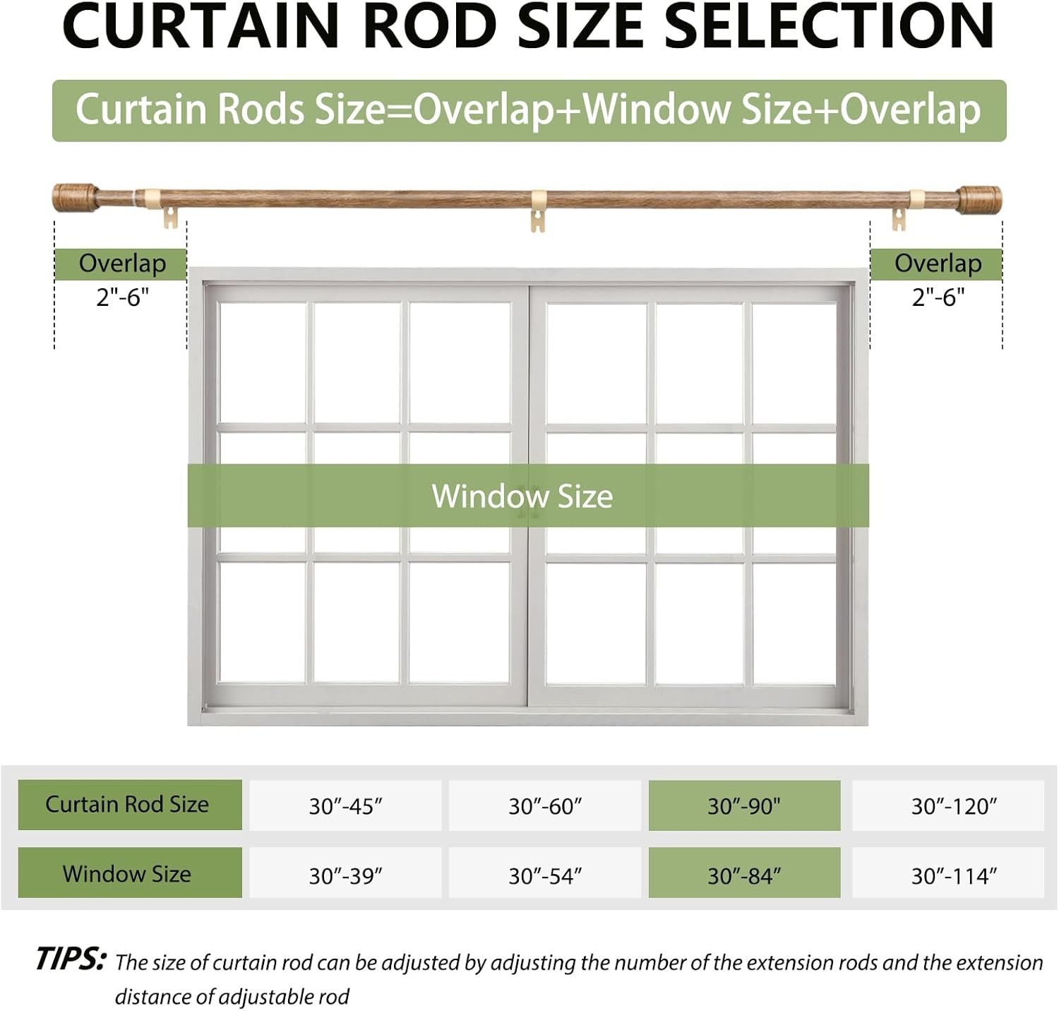 Elegant 5/8” Diameter Adjustable Curtain Rods 30-90 Inch – 2 Pack Wood Grain