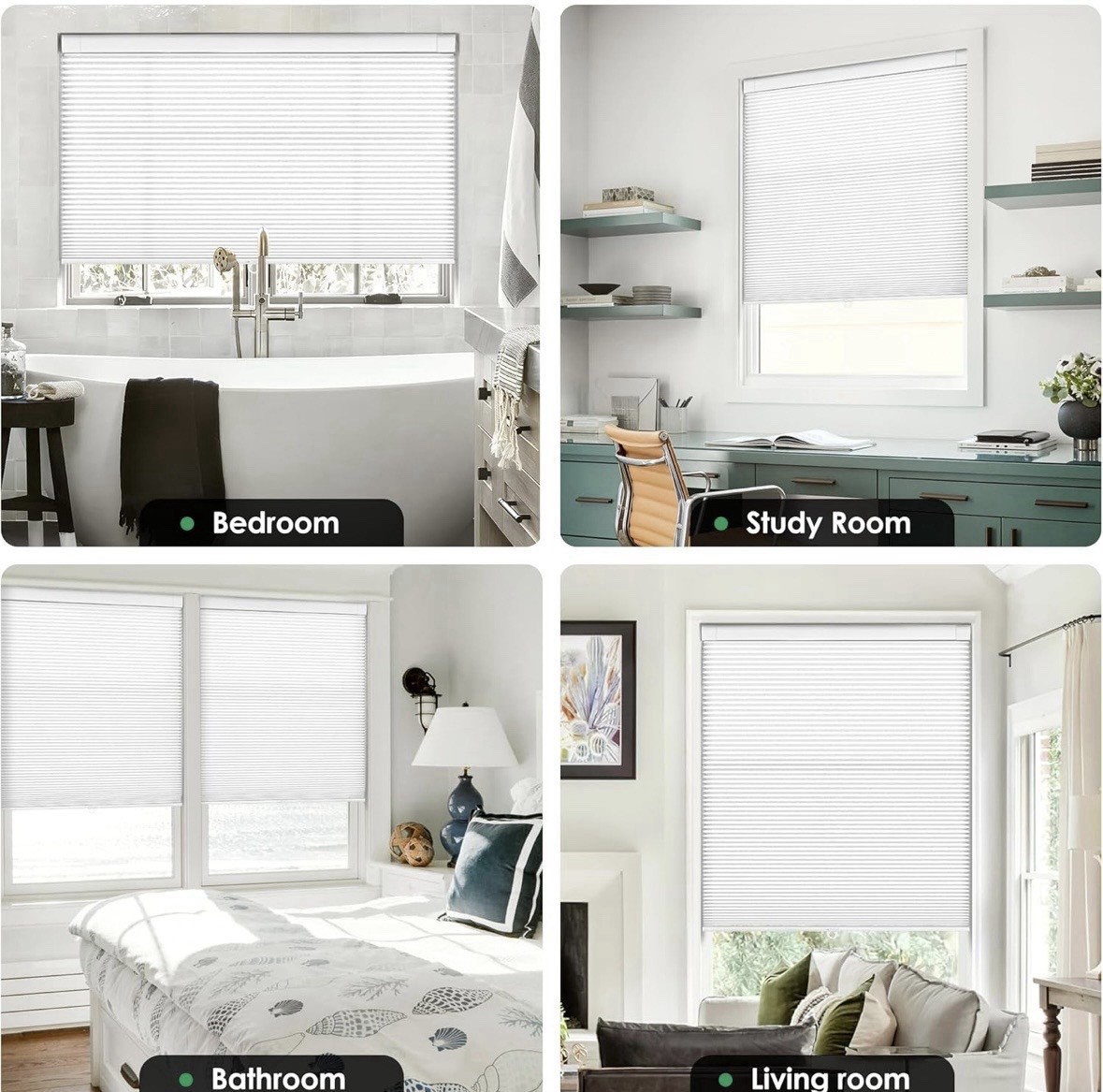 Cordless Cellular Shades, Light Filtering Honeycomb Shades, 26″ W x 48″ H, White