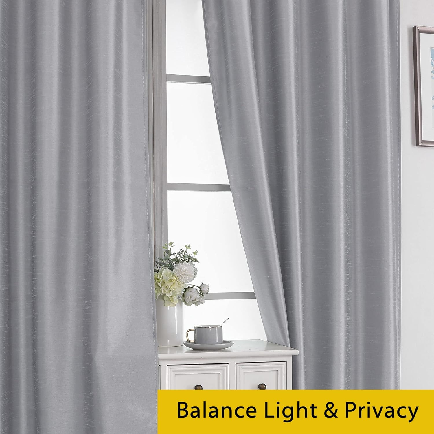Uptown Silver Gray Kitchen Curtains 30 Inch Length, Room Darkening Faux Silk Slu