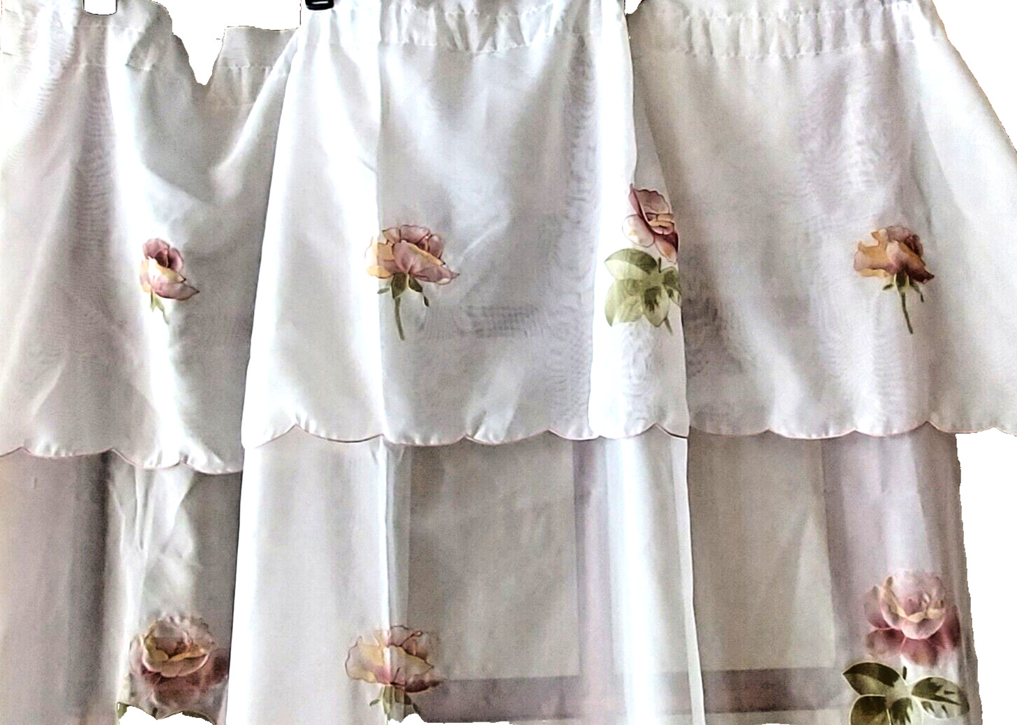 2 Pc Embroidered Sheer Curtain, attached Valance Rod pocket White,Pink flowers