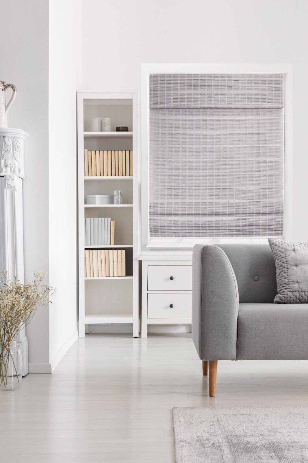 Cordless Light Filtering Bamboo Roman Window Blind Sun Shade with Valance – Gray