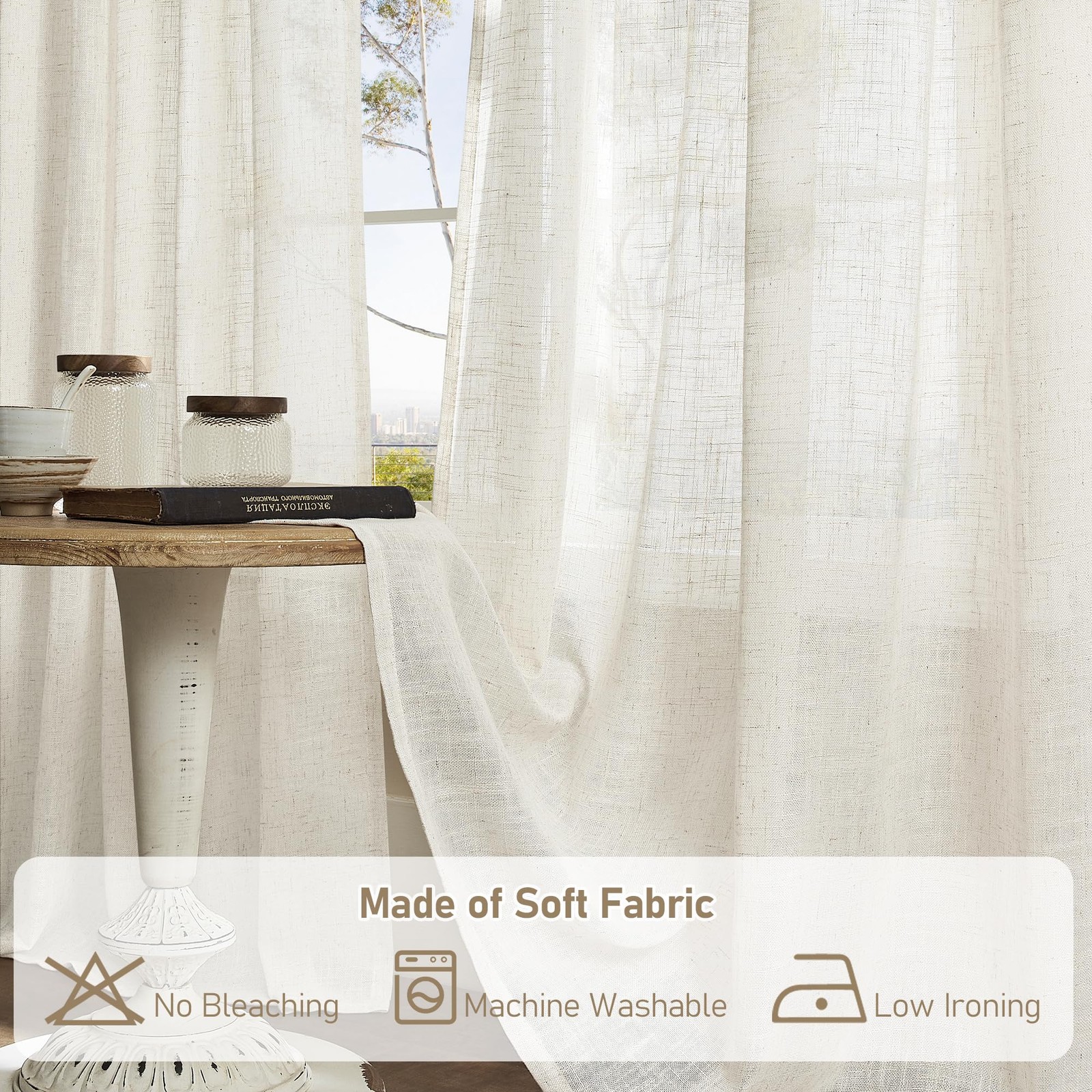 Semi-Sheer Linen Curtains, Light Filtering, Tab Back & Rod Pocket, Neutral