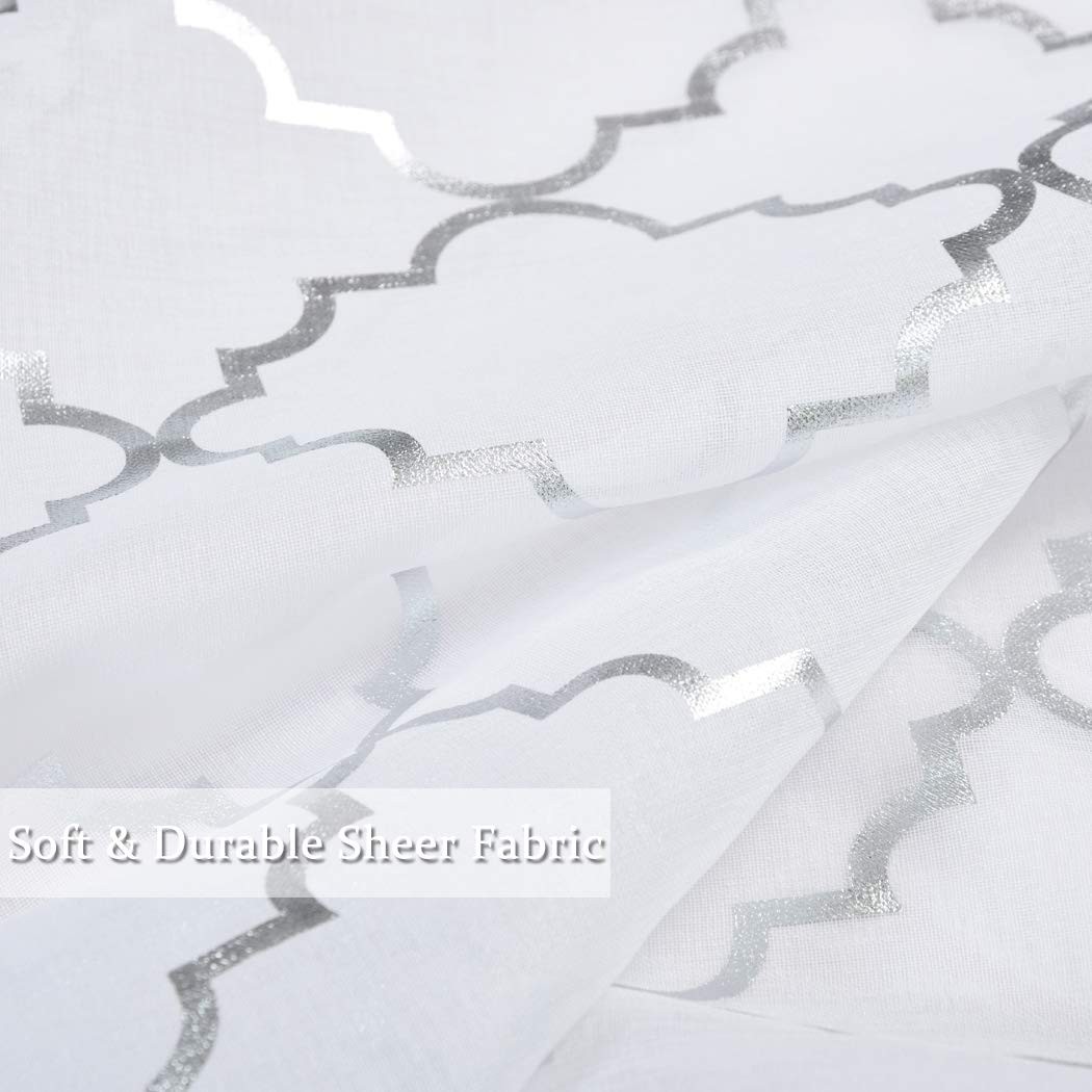 White Sheer Curtains with Silver Foil Moroccan 52×95 Inch, 2 Panels