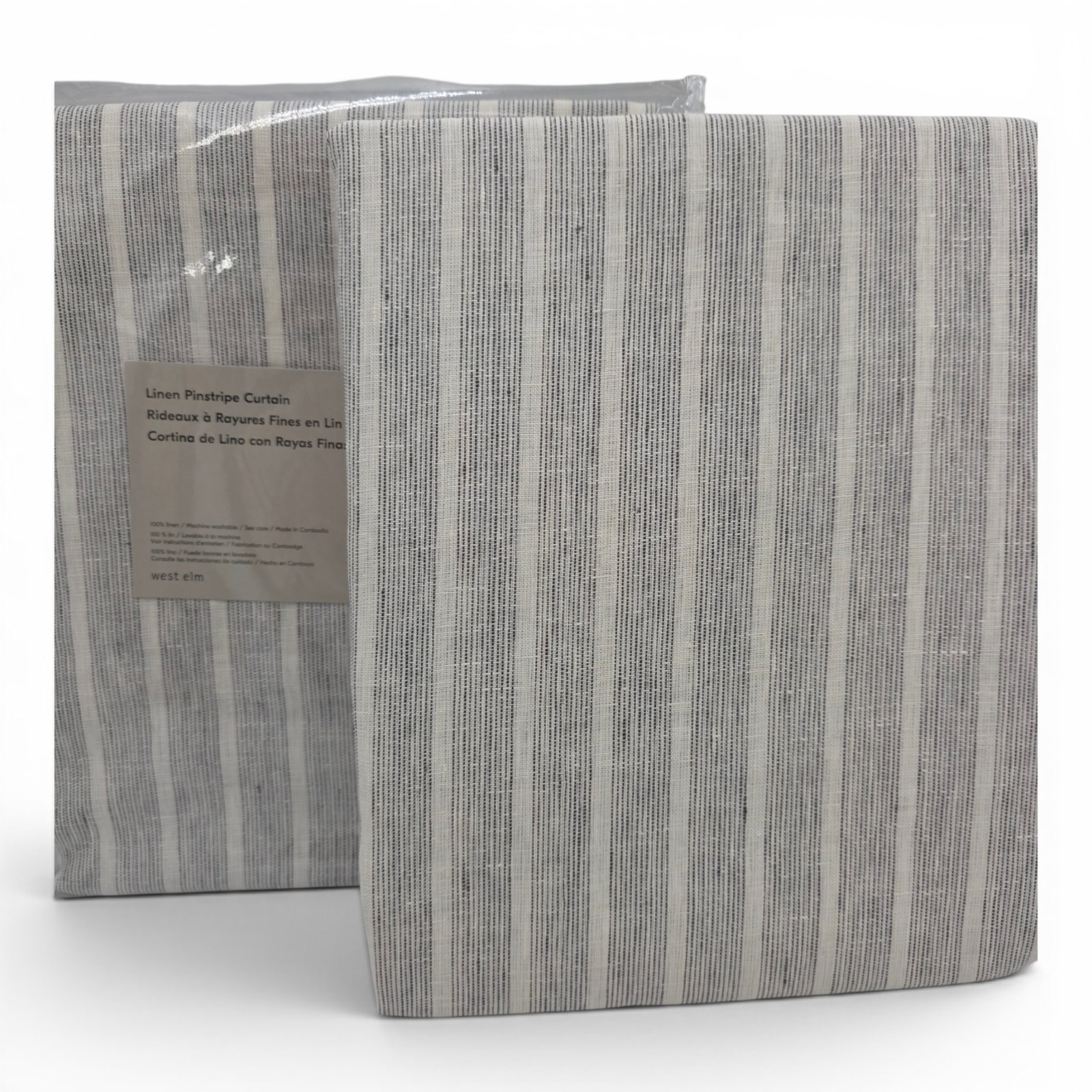 West Elm European Flax Linen Pinstripe Curtains Set 2 48×108 Charcoal New