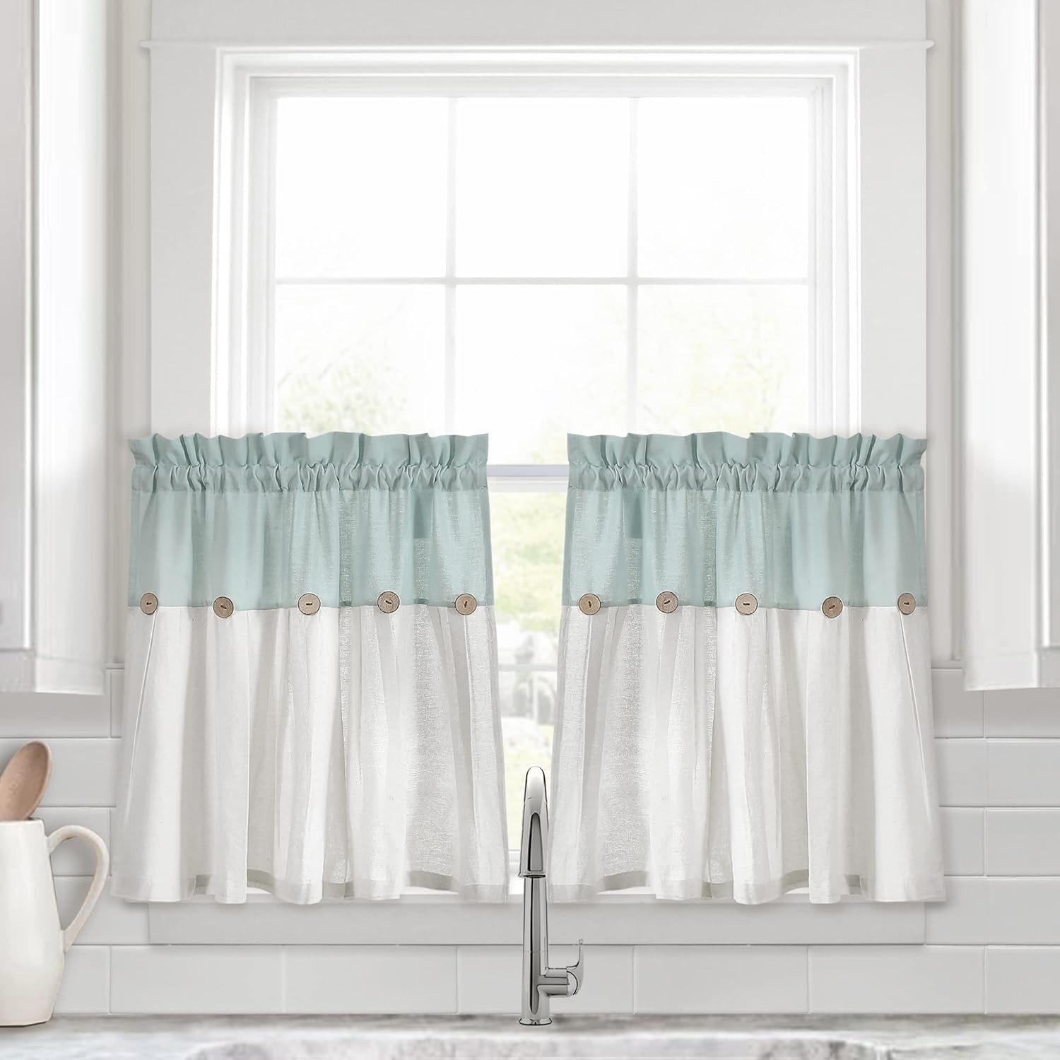 Button Farmhouse Kitchen Curtains Tier Set 29″W x 36″L Dark Linen Linen