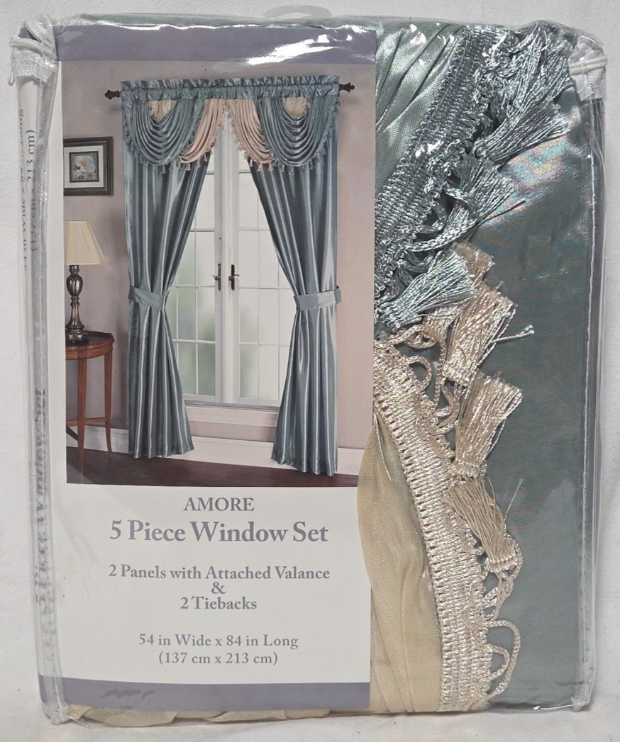 Elegant 54×84 Aqua Blue Window Curtains with Valance and Tiebacks – 5-Piece Set