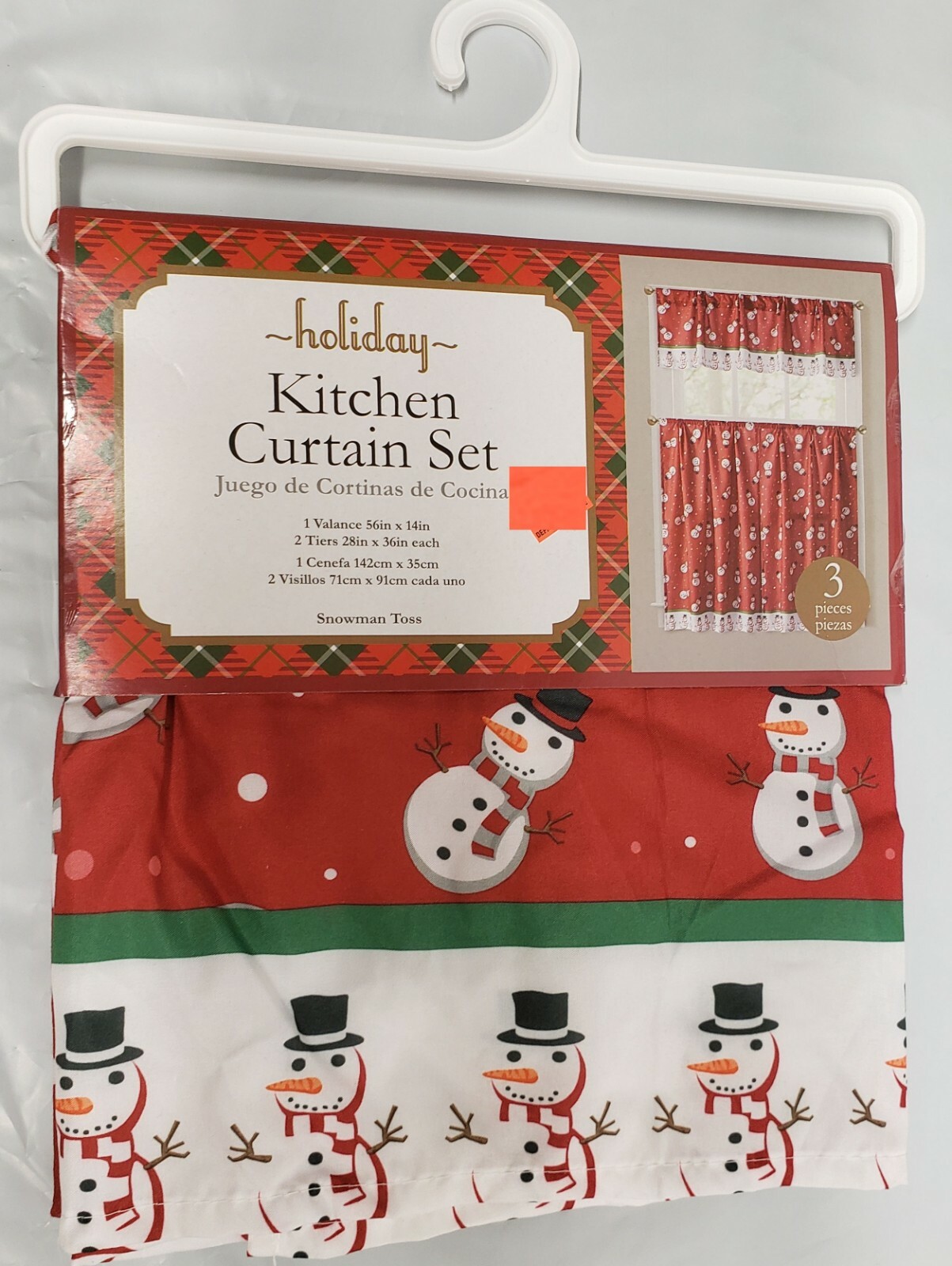 3pc Curtains Printed Set: 2 Tiers (28″)& Valance (56″x14″)SNOWMEN ON RED,Holiday