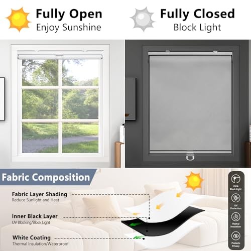 SHADEMOON Cordless Blackout Window Roller Shades, Pull Down 14″W x 72″H White