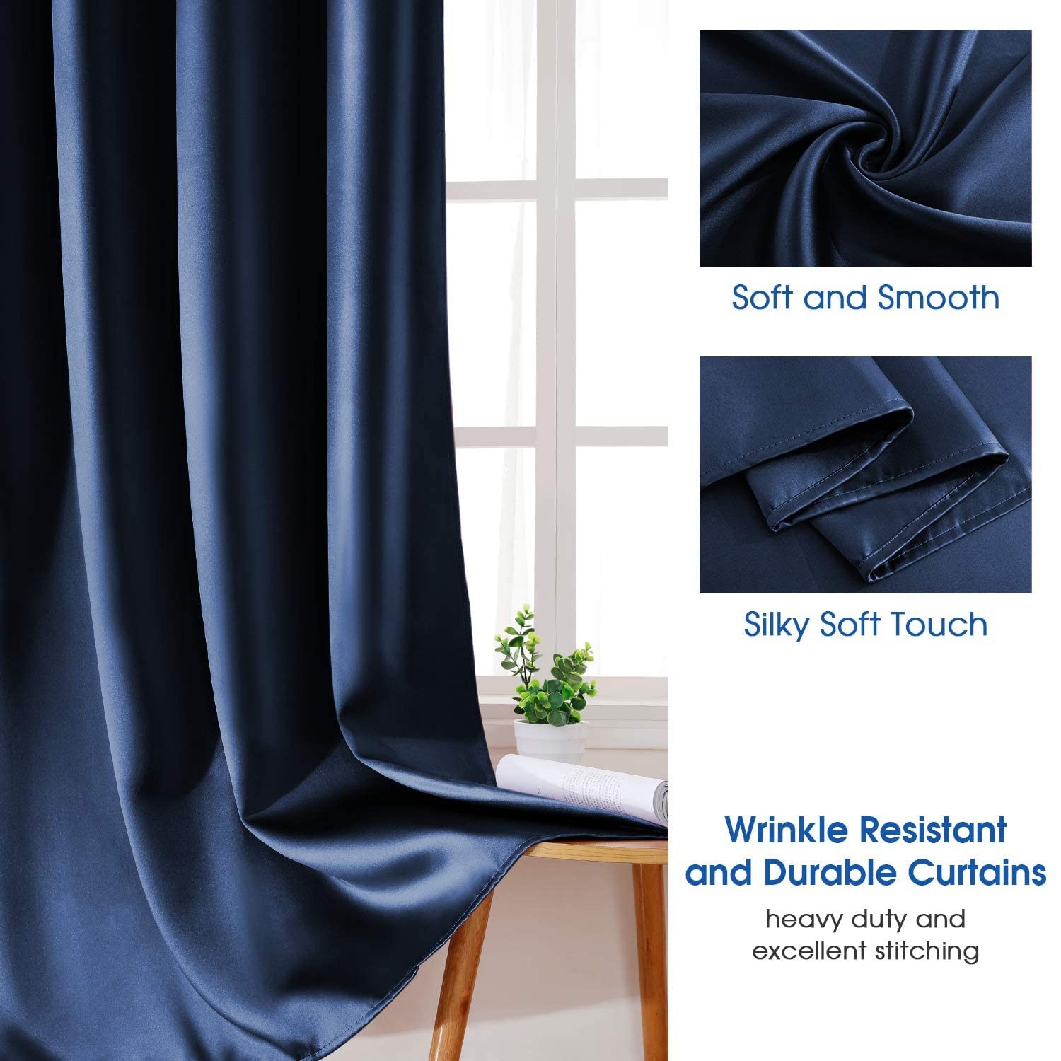 HOMEIDEAS Navy Blue Faux Silk Blackout Curtains 52×96″ Thermal Room Darkening