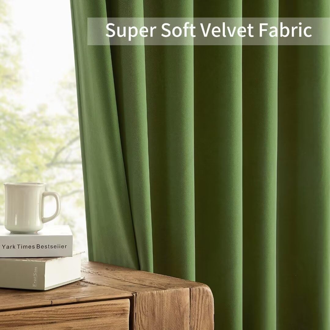 Olive Green Velvet Thermal Insulated Curtains | 2 Panels, 96 inch Length