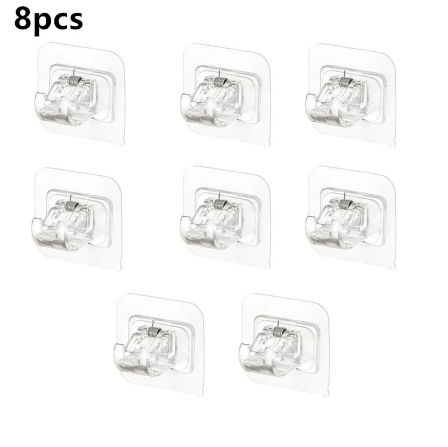 8pcs Self Adhesive Curtain Rod Clip Hooks Wall Hanging Holder Clamp Set – NEW