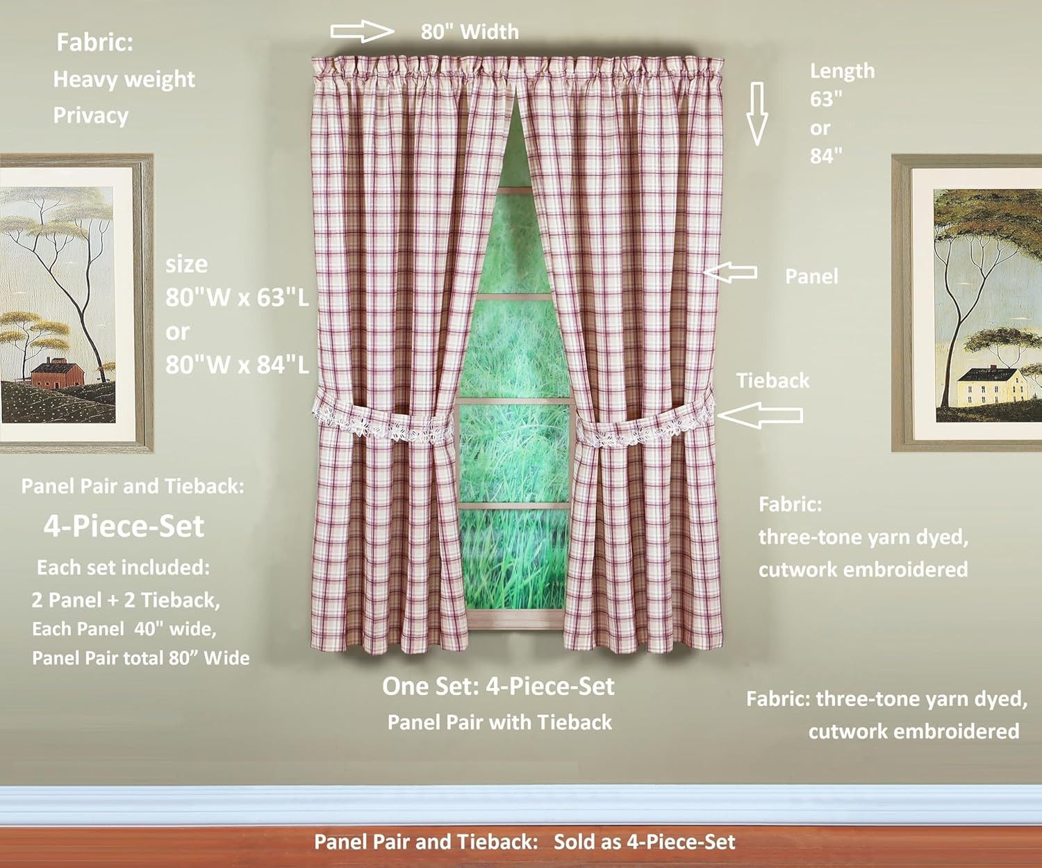, Dover Cutwork Embroidery Panel Pair 84″, Burgundy, 4-Piece-Set, 80″ W X 84″ L