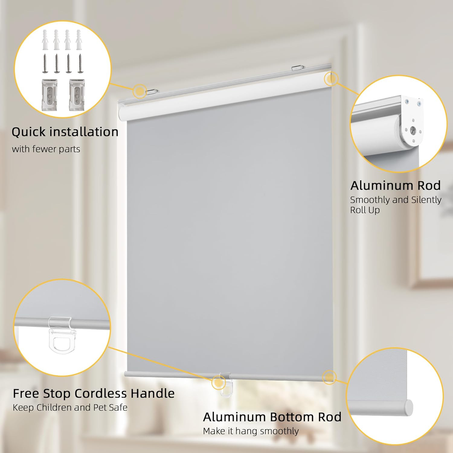 Cordless 100% Blackout Roller Blinds, Thermal Insulated, Grey, 34″x72