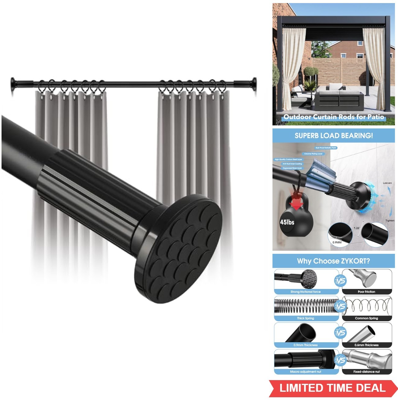 Tension Curtain Rod 51-168 Inch Adjustable No Drill Heavy Duty 45lbs Patio Black