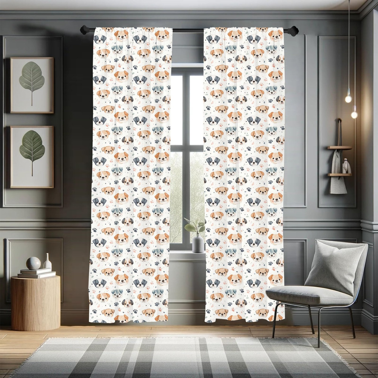 Puppy Window Curtains, Cartoon Pattern of Animal Love Dog with Paws Dots Past…