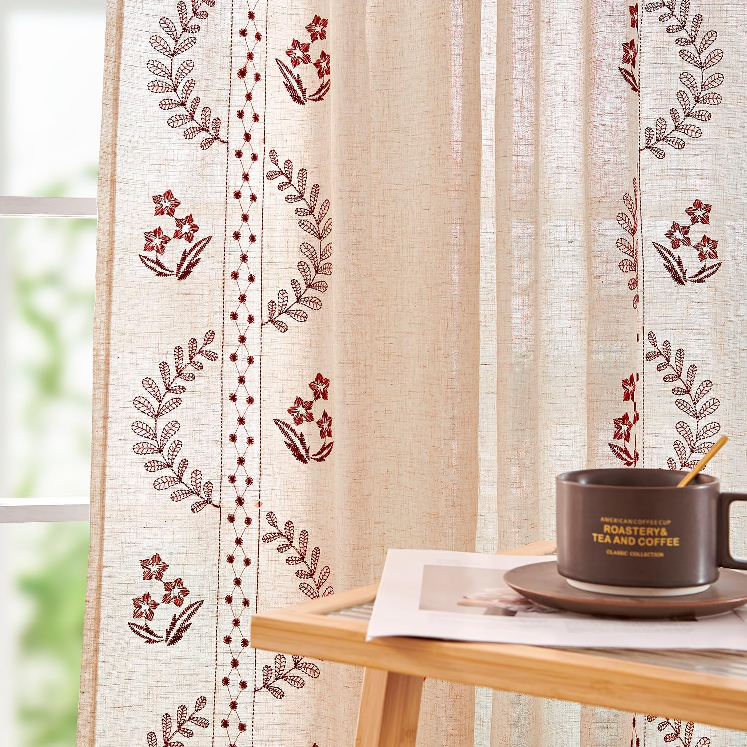jinchan Belrose Linen Curtains for Bedroom Floral Curtains 63 Inch Length Linen
