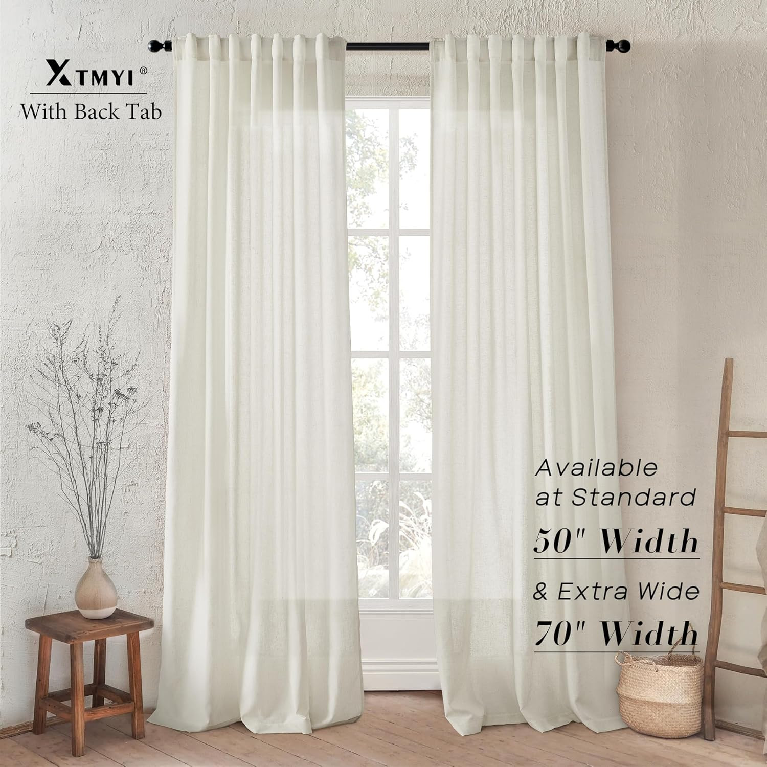 120″ Linen Curtains, Light Filtering Semi Sheer Drapes, 2 Panels, Cream