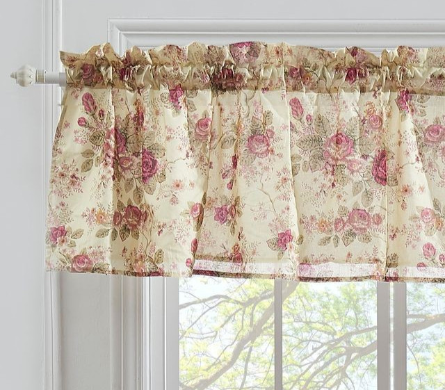 ANTIQUE ROSE VALANCE 84″ x 19″ : CHIC CREAM YELLOW SHABBY ROSES VINTAGE WINDOW