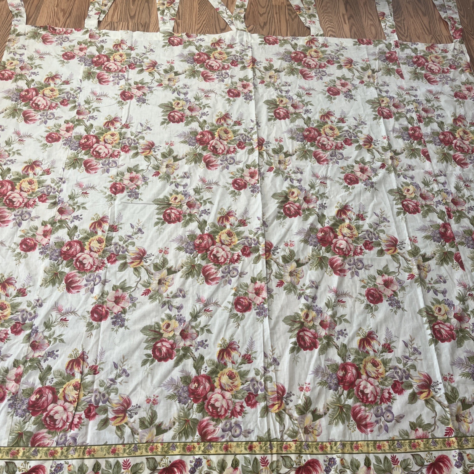April Cornell Cabbage Rose Curtain Fabric Ties Top Pink Yellow Purple Floral