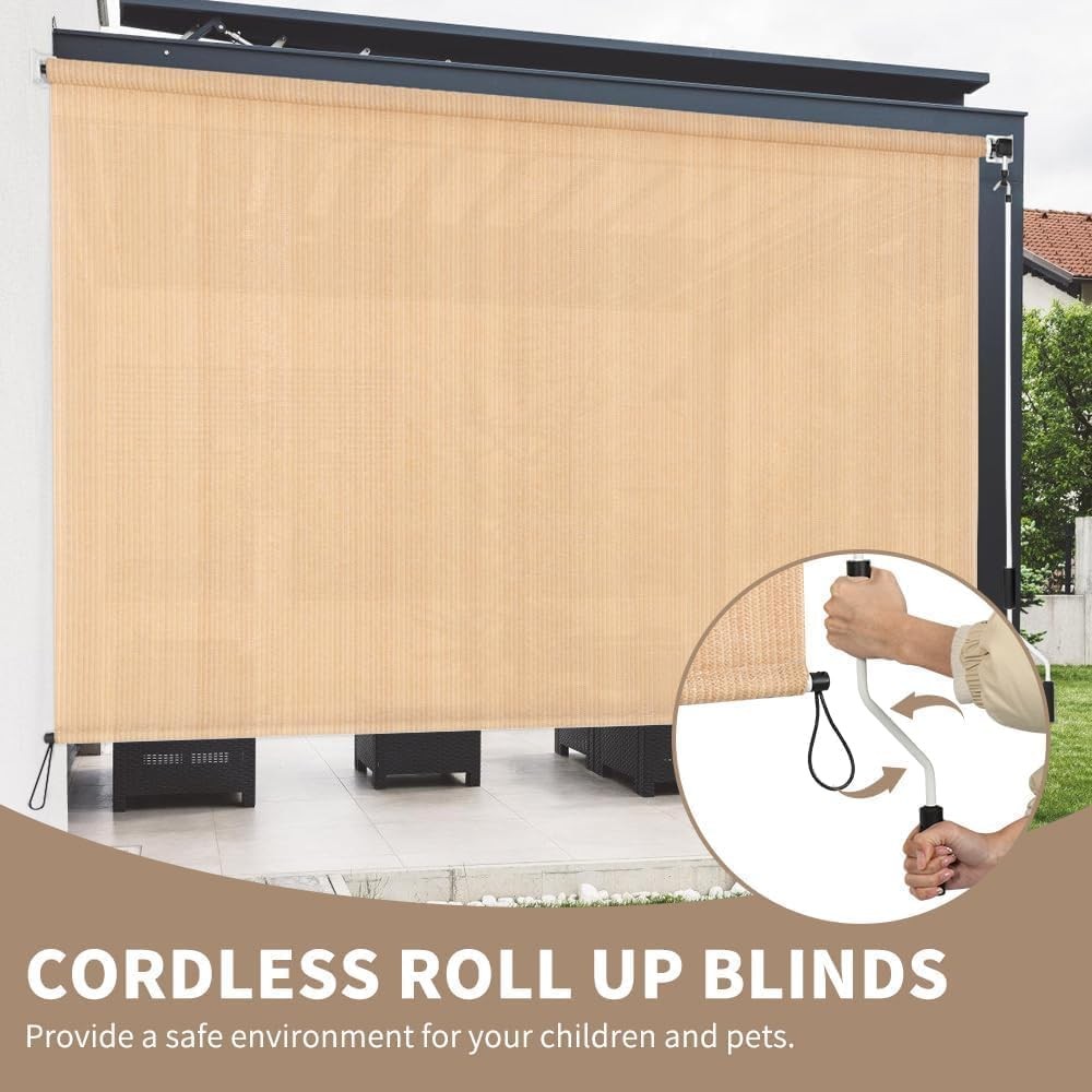 Outdoor Roller Shade 5′ W x 8′ L Cordless Patio Shades Roll Up Outdoors Blinds