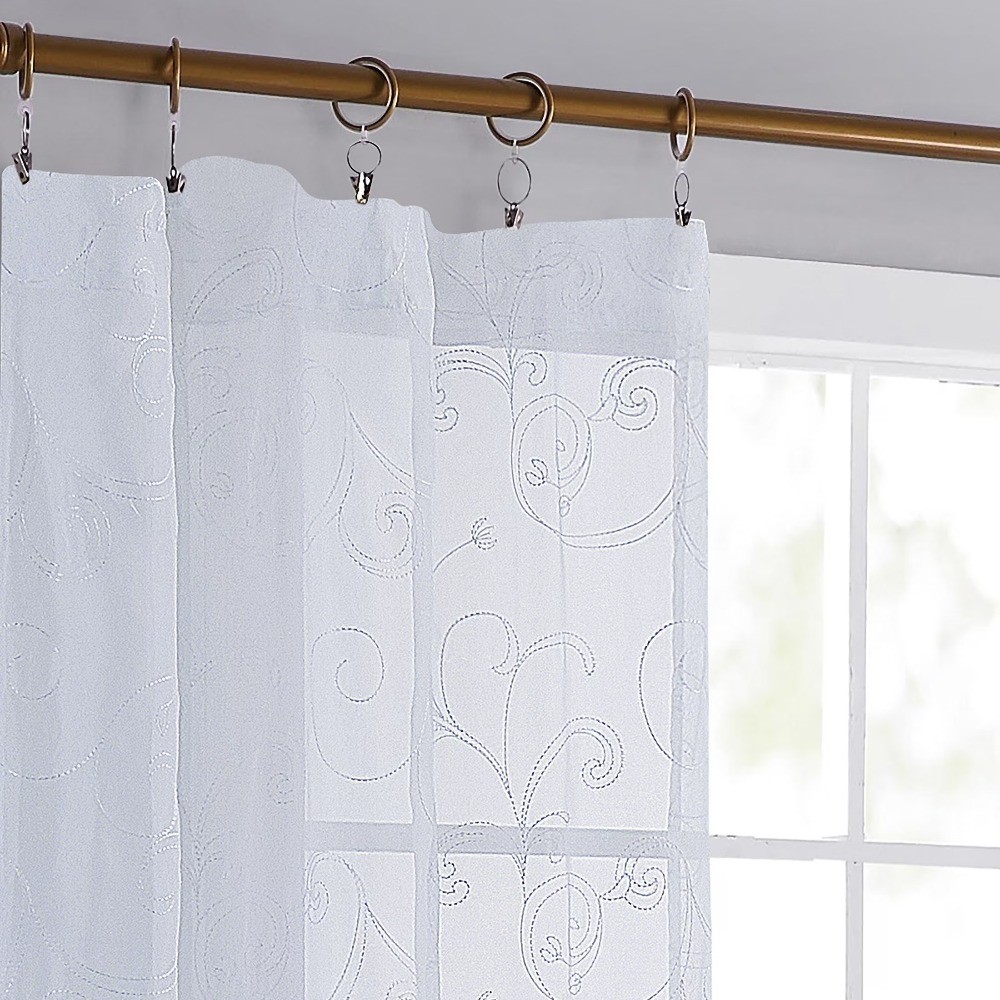 Embroidered Sheer Single Curtain Panel with Rod Pocket White 38 x 63 Inches