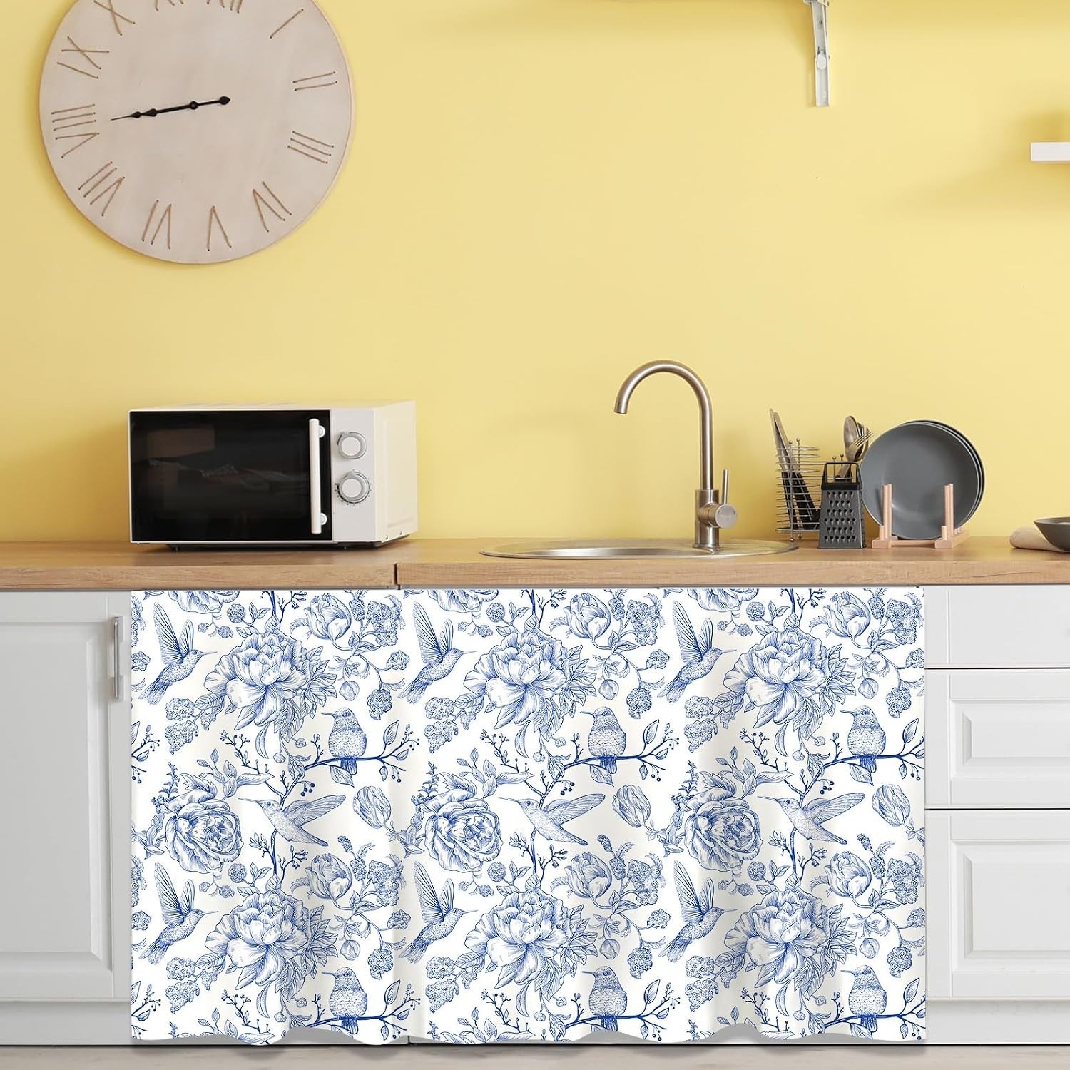 Sophisticated Blue Floral Cabinet Curtain – Easy Install & Washable – 28 x 51 in