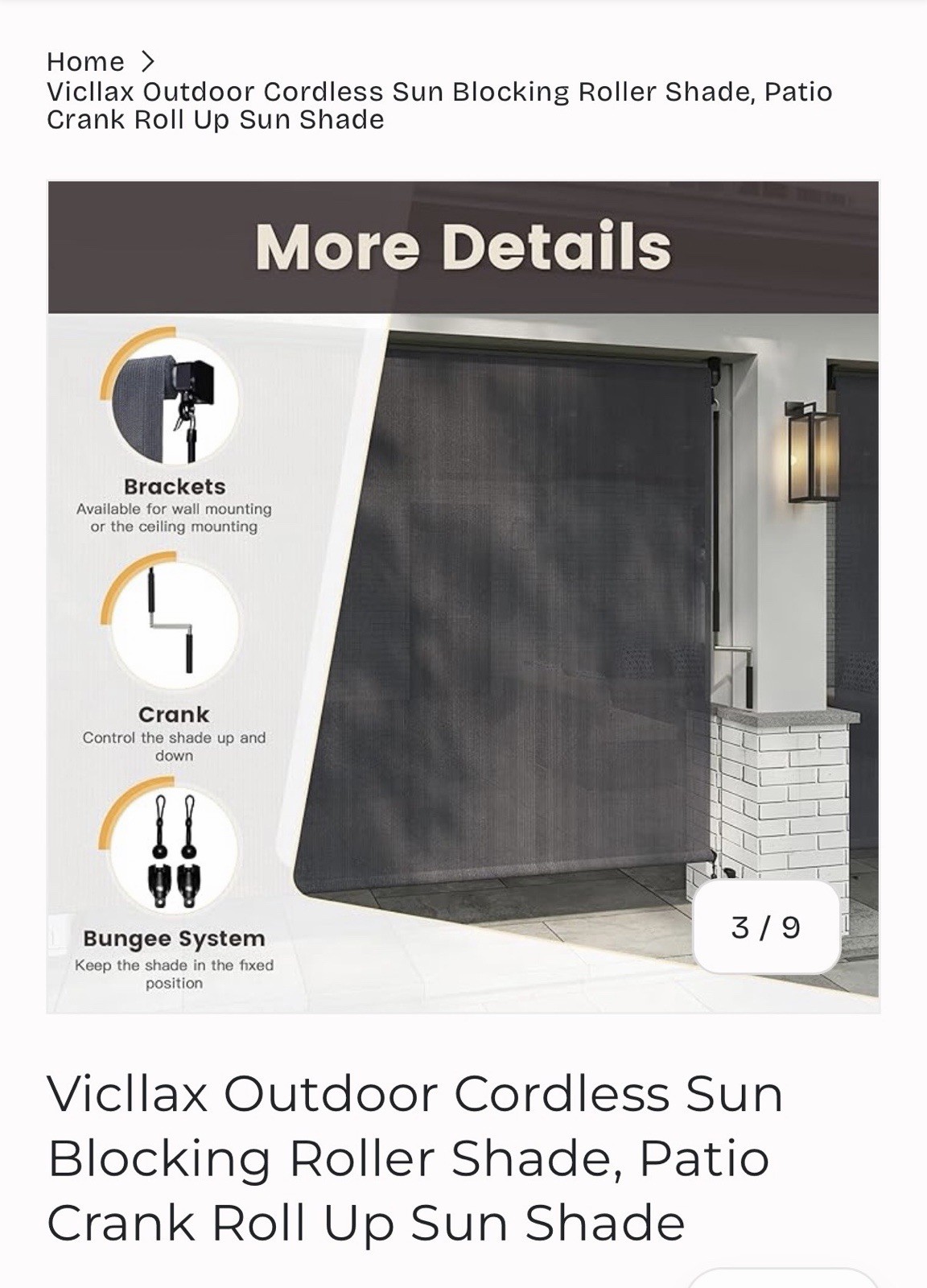 Outdoor Cordless Roller Shade 8 FT Grey Sun Blocking UV Resistant Crank