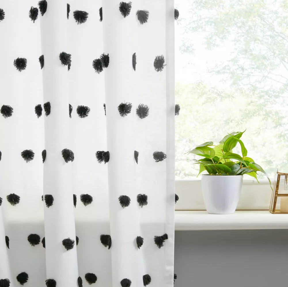 WHITE AND BLACK Pom Pom Embellished Window Panel 50″X84″