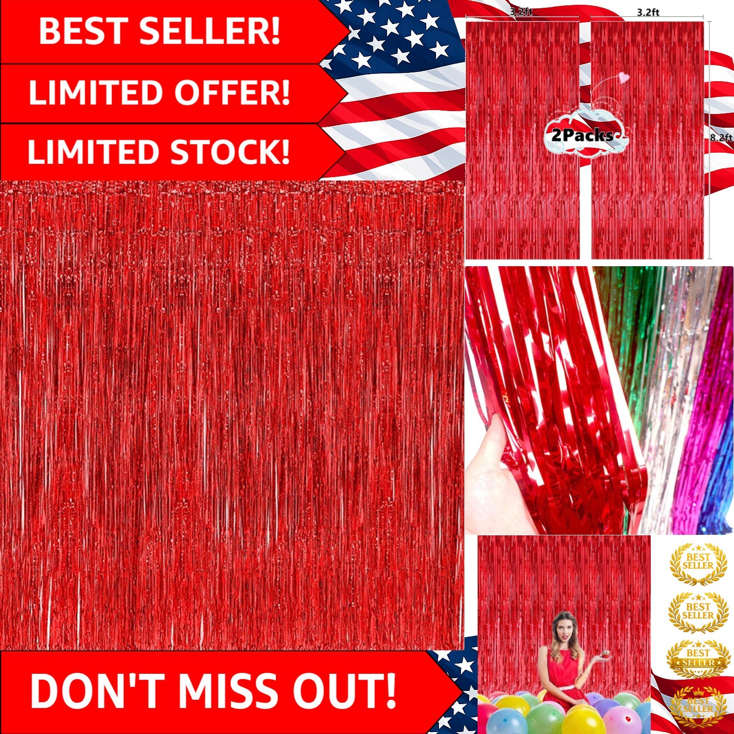 Stunning Shiny Red Foil Fringe Curtains – 3.2ft x 8.2ft Set for All Occasions