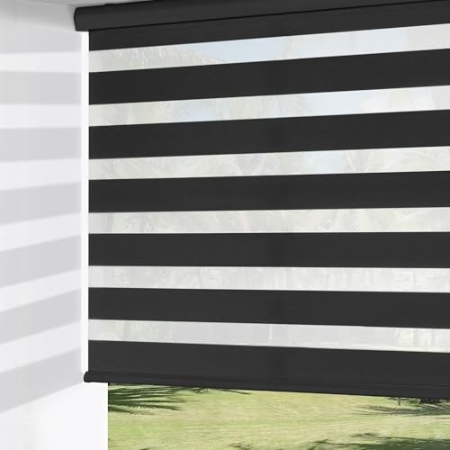 Cordless Zebra Blinds for Windows, Dual Layer Free-Stop 20″W x 72″H Black