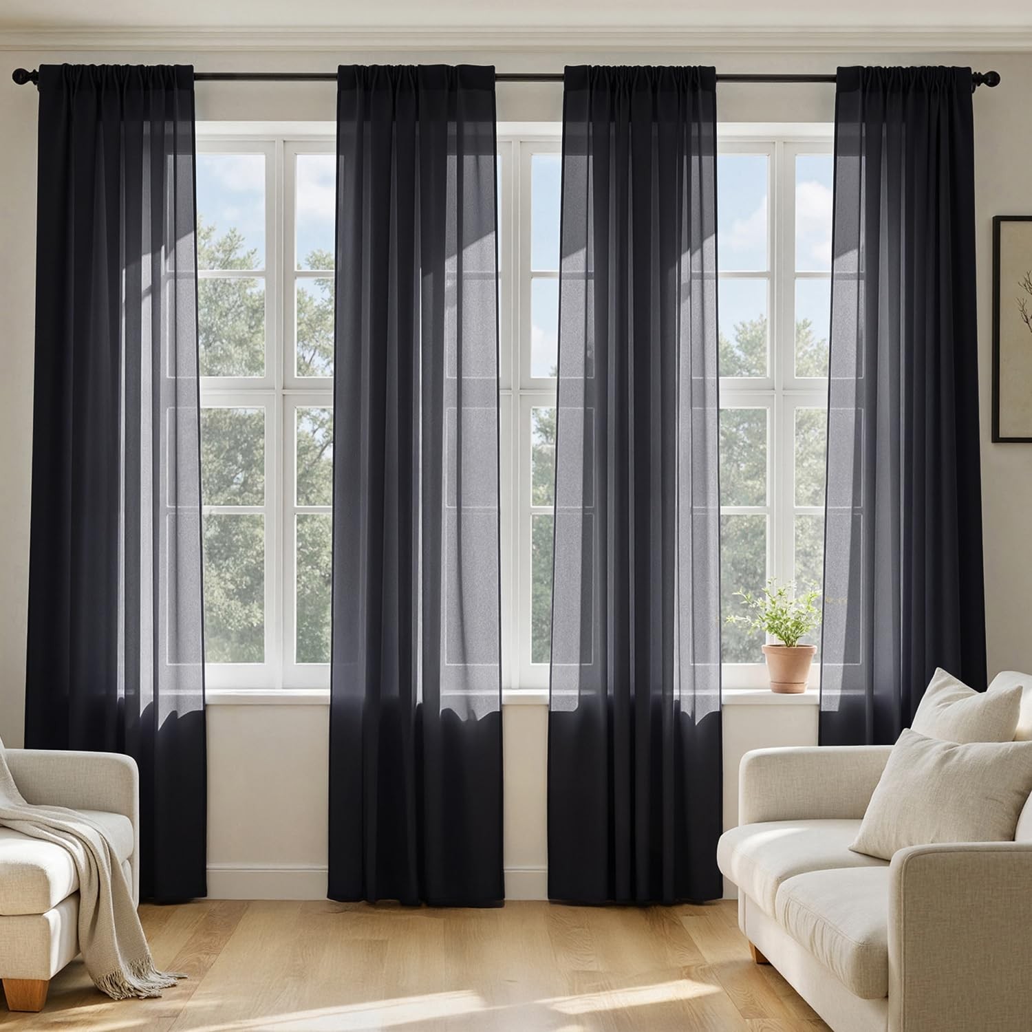 Black Sheer Curtains 84 Inches Long, 4 Panels Set, Light Filtering Rod Pocket…